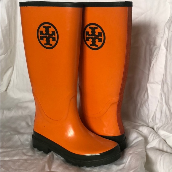 tory burch orange rain boots
